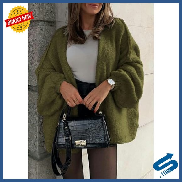 Oversized Cardigan Lantern Sleeve Lightweight Knit Open Front Sweater - Picture 5 of 8